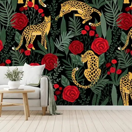 Papier peint jungle élégante de léopards et roses – Wallnifity®