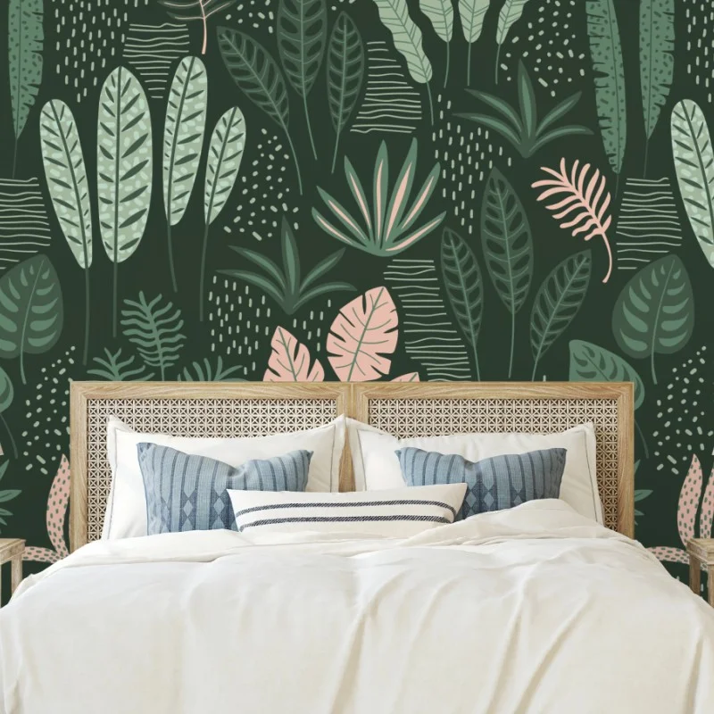 Papier peint motif de feuilles tropicales en vert profond