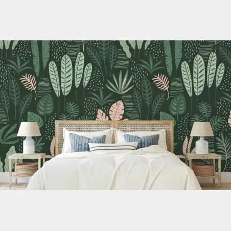 Papier peint motif de feuilles tropicales en vert profond – Wallnifity®