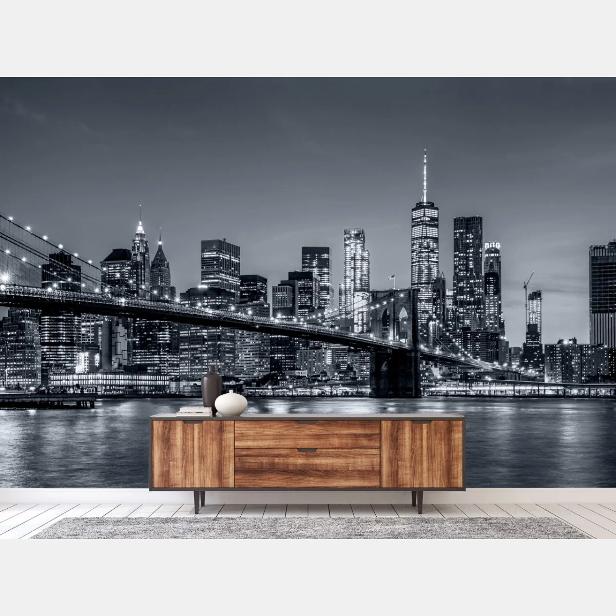 Papier peint panorama nocturne de New York avec le pont de Brooklyn – Wallnifity® Papier peint panorama nocturne de New York avec le pont de Brooklyn – Wallnifity®