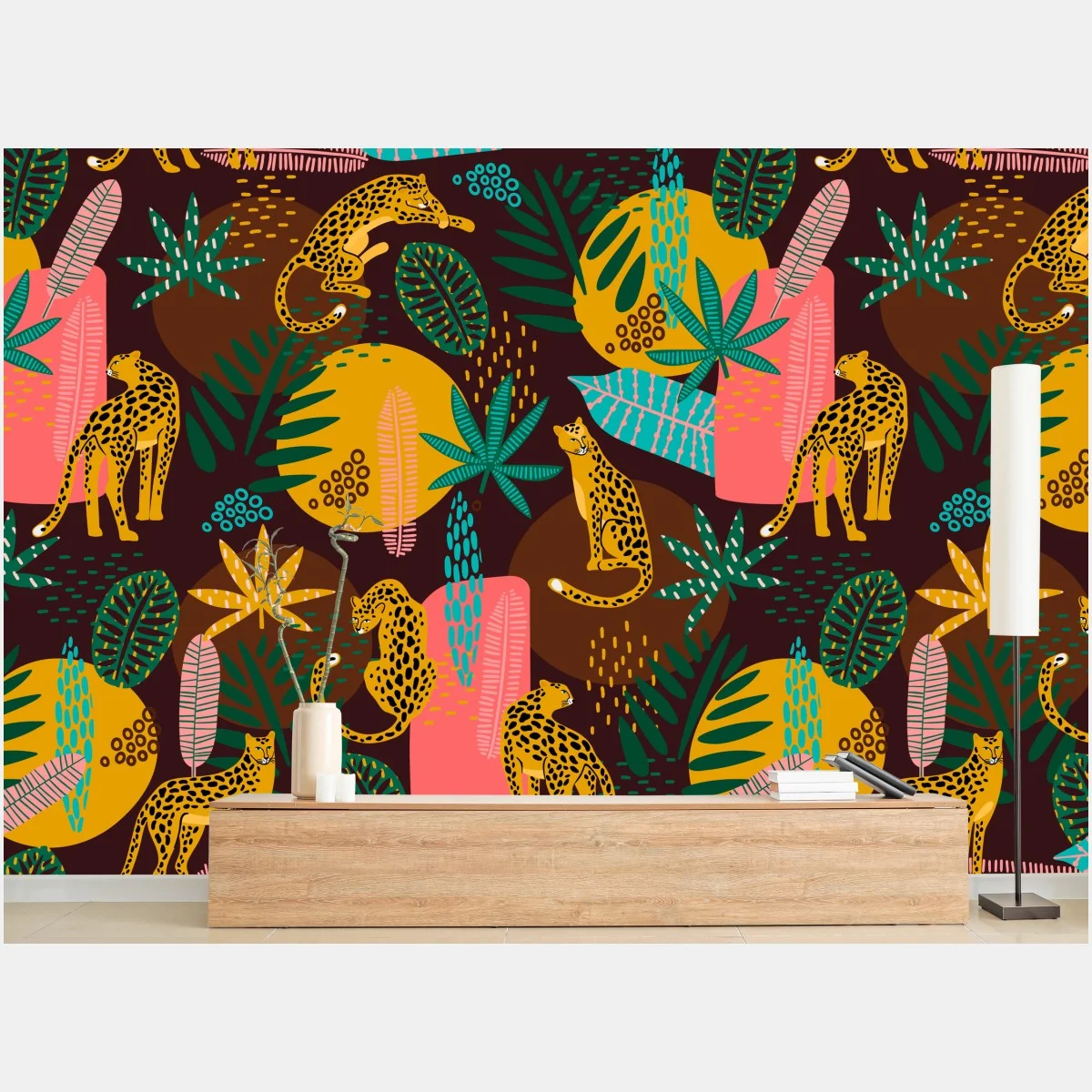 Papier peint motif jungle coloré aux léopards et feuillages – Wallnifity® Papier peint motif jungle coloré aux léopards et feuillages – Wallnifity®