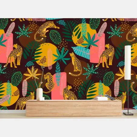 Papier peint motif jungle coloré aux léopards et feuillages – Wallnifity®