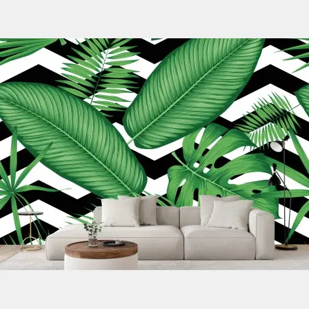 Papier peint motif tropical graphique noir et blanc – Wallnifity®
