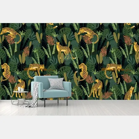 Papier peint motif jungle aux léopards dorés – Wallnifity®