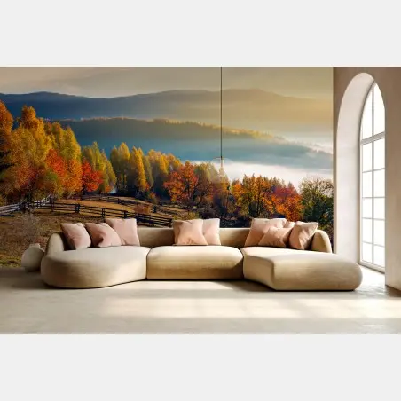Papier peint brume matinale sur le verger montagneux – Wallnifity®