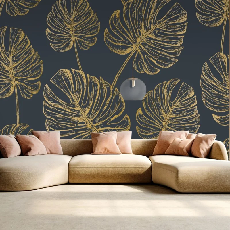 Papier peint feuilles monstera dorées sur fond gris élégant – Wallnifity®