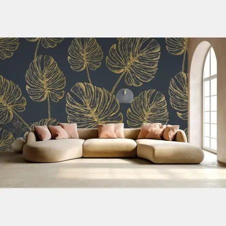 Papier peint feuilles monstera dorées sur fond gris élégant – Wallnifity®