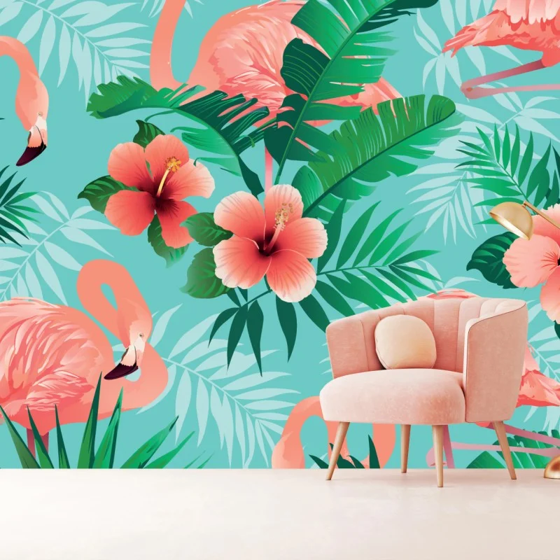 Papier peint ambiance tropicale aux flamants roses et hibiscus – Wallnifity® Papier peint ambiance tropicale aux flamants roses et hibiscus – Wallnifity®