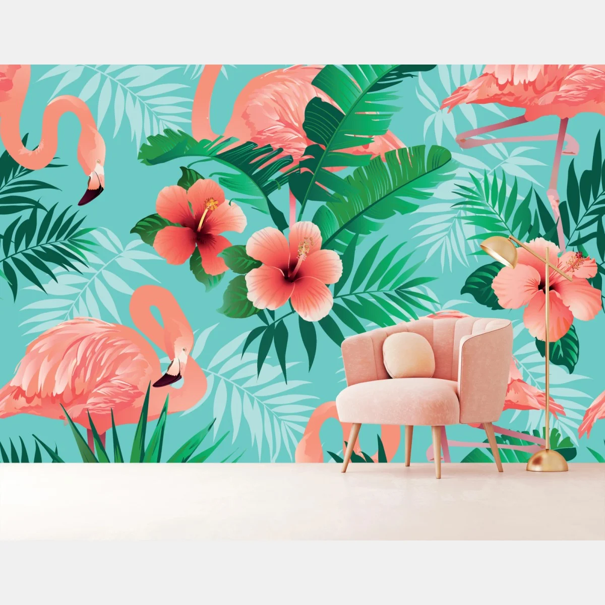 Papier peint ambiance tropicale aux flamants roses et hibiscus – Wallnifity® Papier peint ambiance tropicale aux flamants roses et hibiscus – Wallnifity®