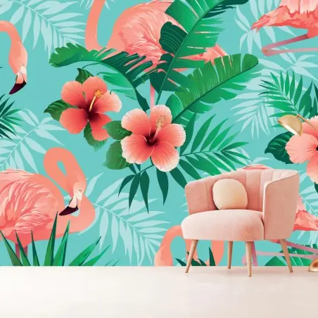 Papier peint ambiance tropicale aux flamants roses et hibiscus – Wallnifity®