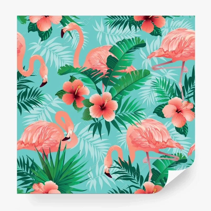 Papier peint ambiance tropicale aux flamants roses et hibiscus – Wallnifity® Papier peint ambiance tropicale aux flamants roses et hibiscus – Wallnifity®