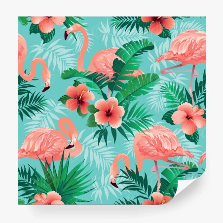 Papier peint ambiance tropicale aux flamants roses et hibiscus – Wallnifity®