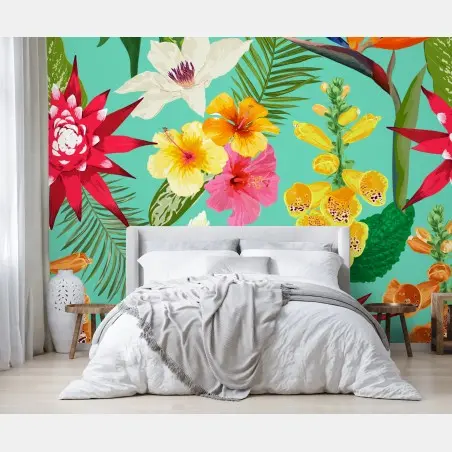 Papier peint motif floral tropical éclat coloré – Wallnifity®