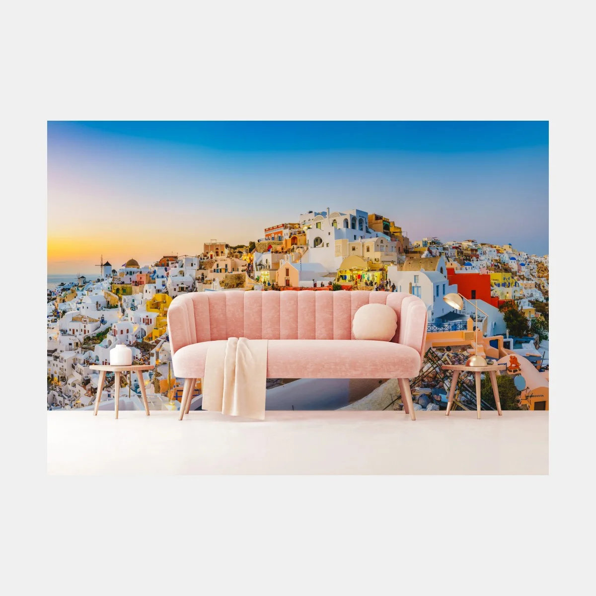 Papier peint panorama coloré de Santorin au coucher de soleil – Wallnifity® Papier peint panorama coloré de Santorin au coucher de soleil – Wallnifity®
