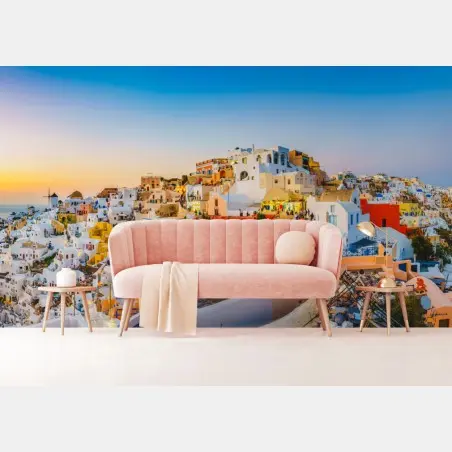 Papier peint panorama coloré de Santorin au coucher de soleil – Wallnifity®