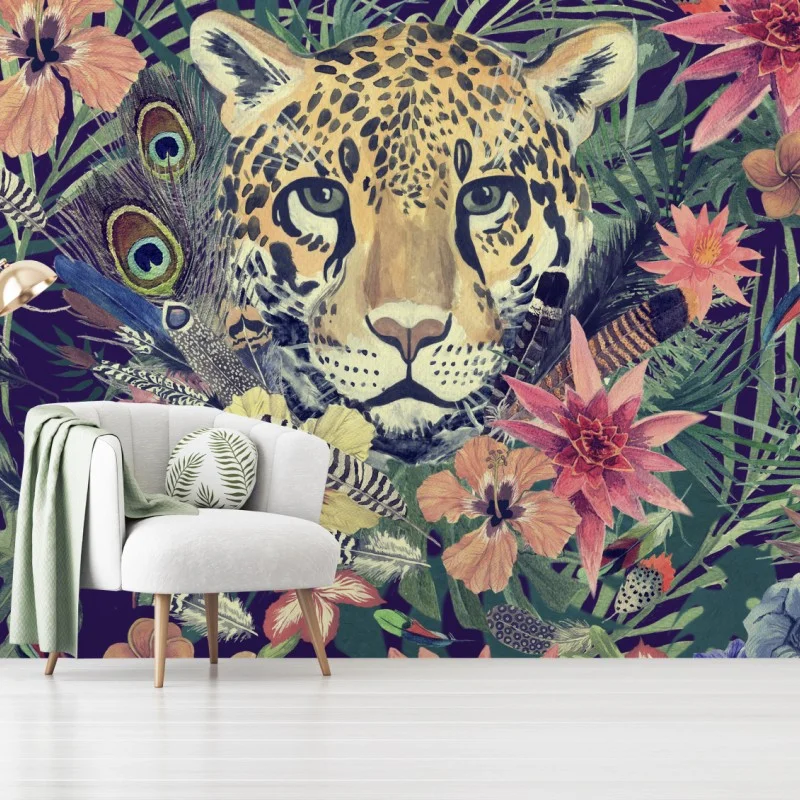 Papier peint tête de léopard aquarelle dans une jungle florale – Wallnifity® Papier peint tête de léopard aquarelle dans une jungle florale – Wallnifity®