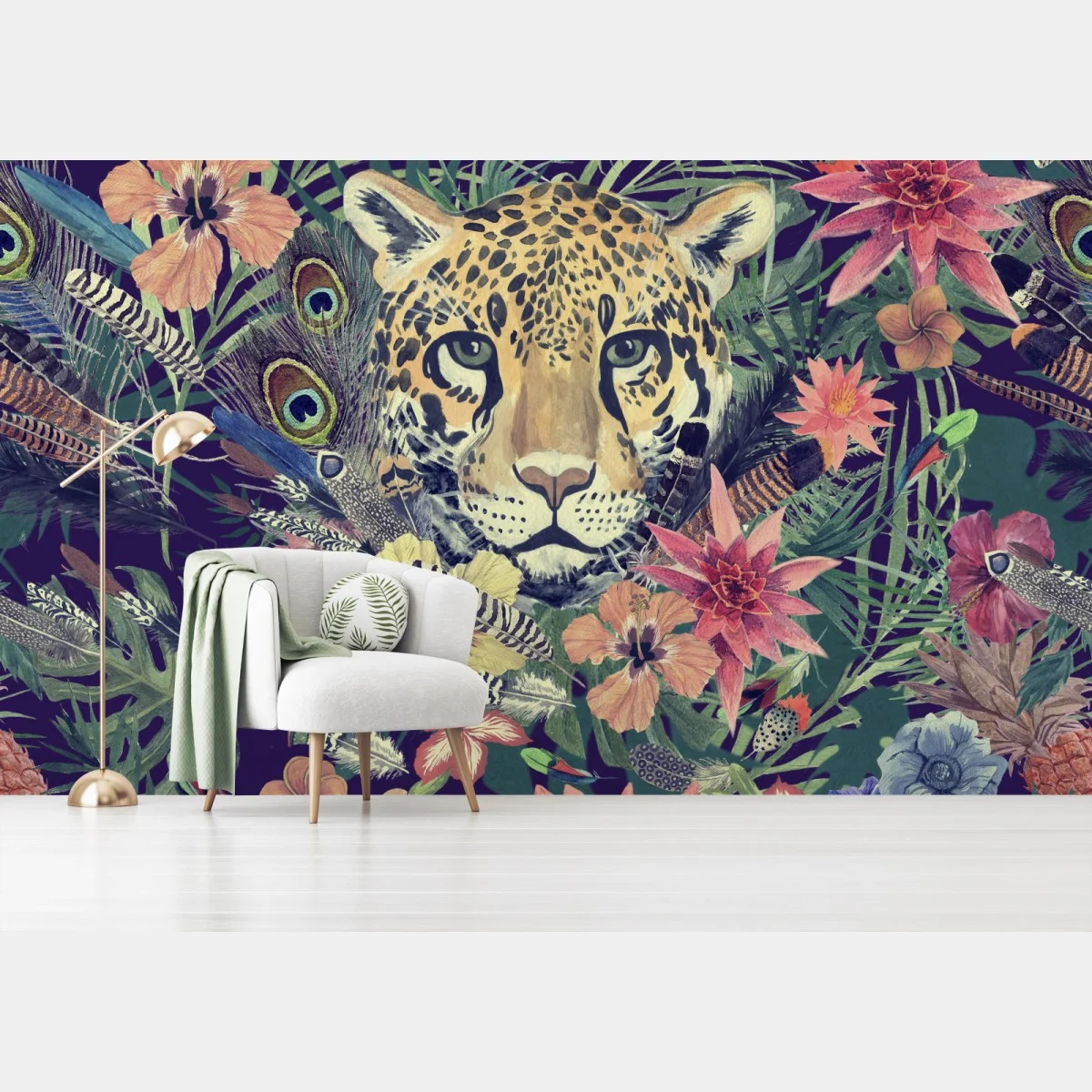Papier peint tête de léopard aquarelle dans une jungle florale – Wallnifity® Papier peint tête de léopard aquarelle dans une jungle florale – Wallnifity®