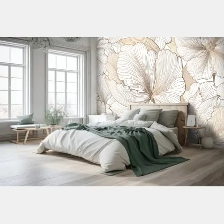 Papier peint motif floral délicat en tons beiges et lignes fines – Wallnifity®