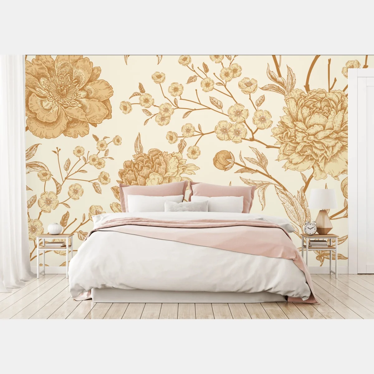 Papier peint motif floral vintage aux pivoines et branches – Wallnifity® Papier peint motif floral vintage aux pivoines et branches – Wallnifity®