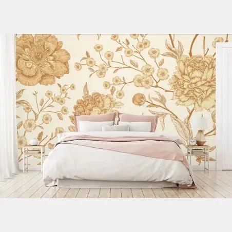 Papier peint motif floral vintage aux pivoines et branches – Wallnifity®