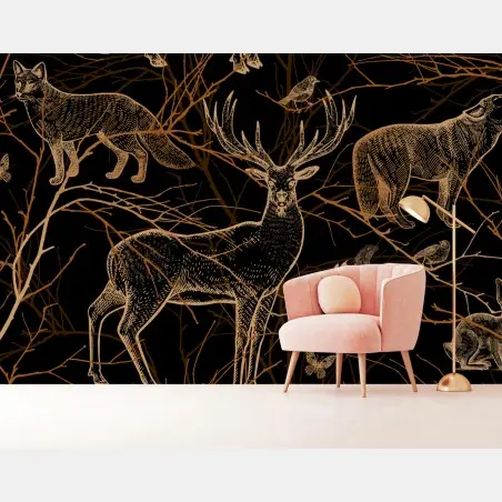 Papier peint créatures de la forêt en doré – Wallnifity®