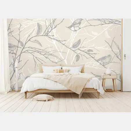 Papier peint motif oiseaux et branches minimaliste en beige – Wallnifity®
