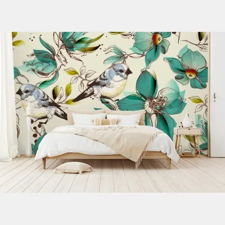 Papier peint fleurs et oiseaux rétro en turquoise – Wallnifity®