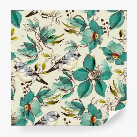 Papier peint fleurs et oiseaux rétro en turquoise – Wallnifity®