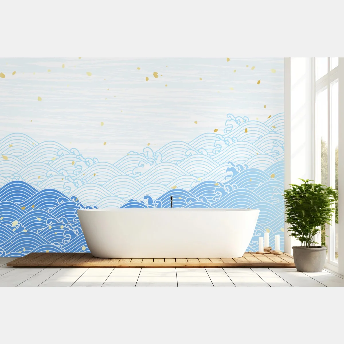 Papier peint marée de vagues bleues et éclats dorés – Wallnifity® Papier peint marée de vagues bleues et éclats dorés – Wallnifity®