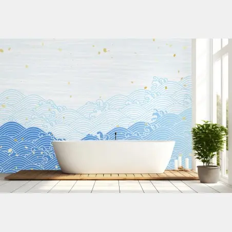Papier peint marée de vagues bleues et éclats dorés – Wallnifity®
