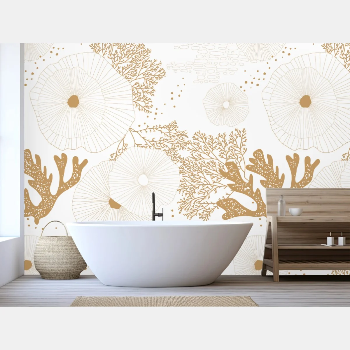 Papier peint motif corail et anémones dorées sur fond blanc – Wallnifity® Papier peint motif corail et anémones dorées sur fond blanc – Wallnifity®