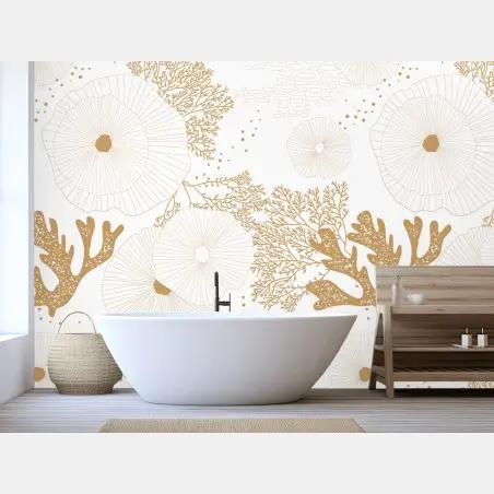 Papier peint motif corail et anémones dorées sur fond blanc – Wallnifity®