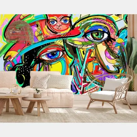 Papier peint rencontre colorée: visage, oiseau et chat rouge – Wallnifity®