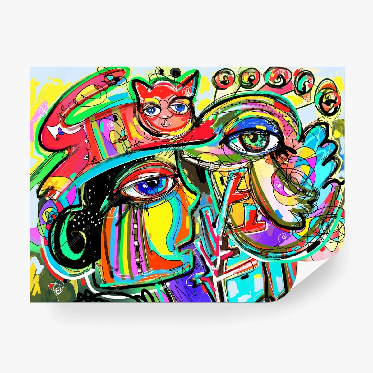 Papier peint rencontre colorée: visage, oiseau et chat rouge – Wallnifity® Papier peint rencontre colorée: visage, oiseau et chat rouge – Wallnifity®