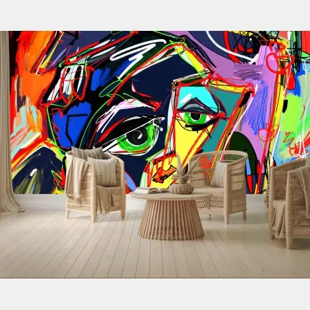 Papier peint portrait abstrait aux couleurs vives et lignes dynamiques – Wallnifity®