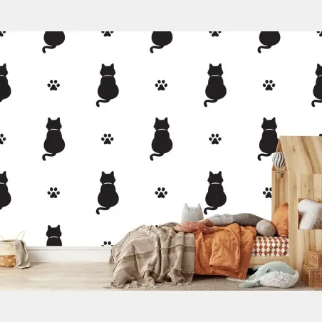 Papier peint motif silhouettes de chats et empreintes – Wallnifity®