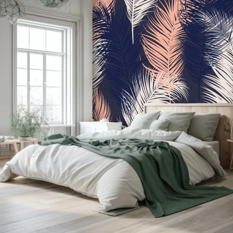 Papier peint motif plumes corail et bleu marine – Wallnifity®