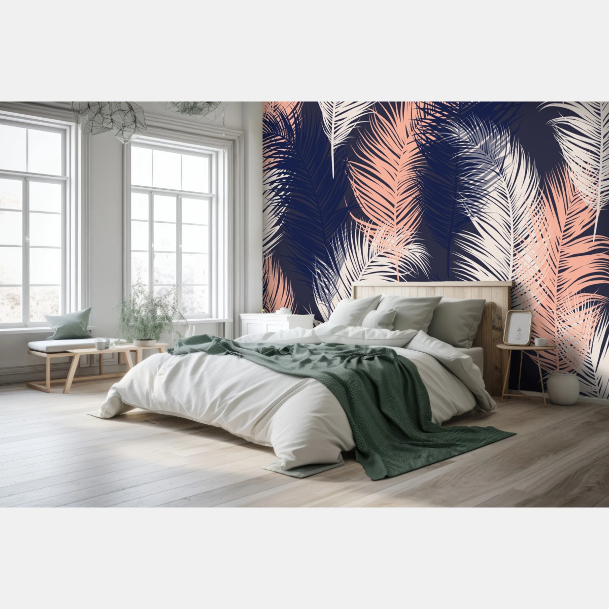 Papier peint motif plumes corail et bleu marine – Wallnifity®