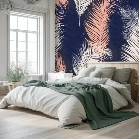 Papier peint motif plumes corail et bleu marine – Wallnifity®