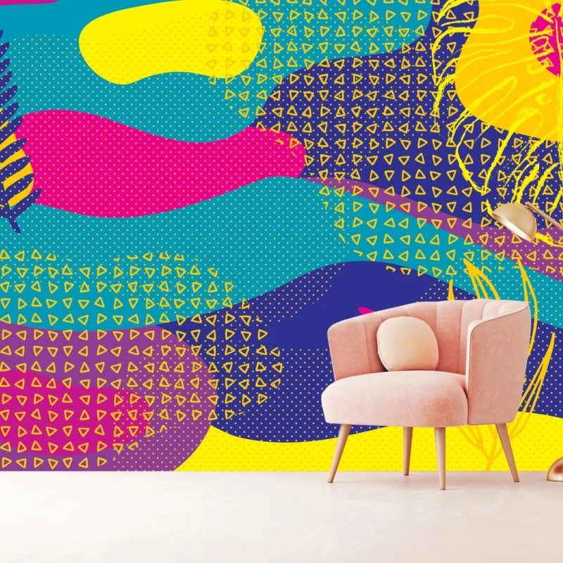 Papier peint composition abstraite colorée à motifs tropicaux – Wallnifity®