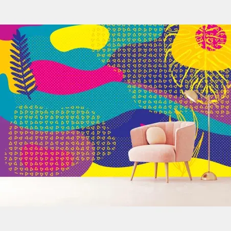 Papier peint composition abstraite colorée à motifs tropicaux – Wallnifity®