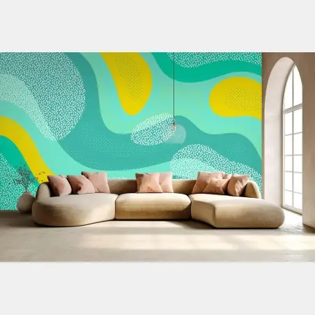 Papier peint vagues abstraites menthe et jaune aux motifs graphiques – Wallnifity®