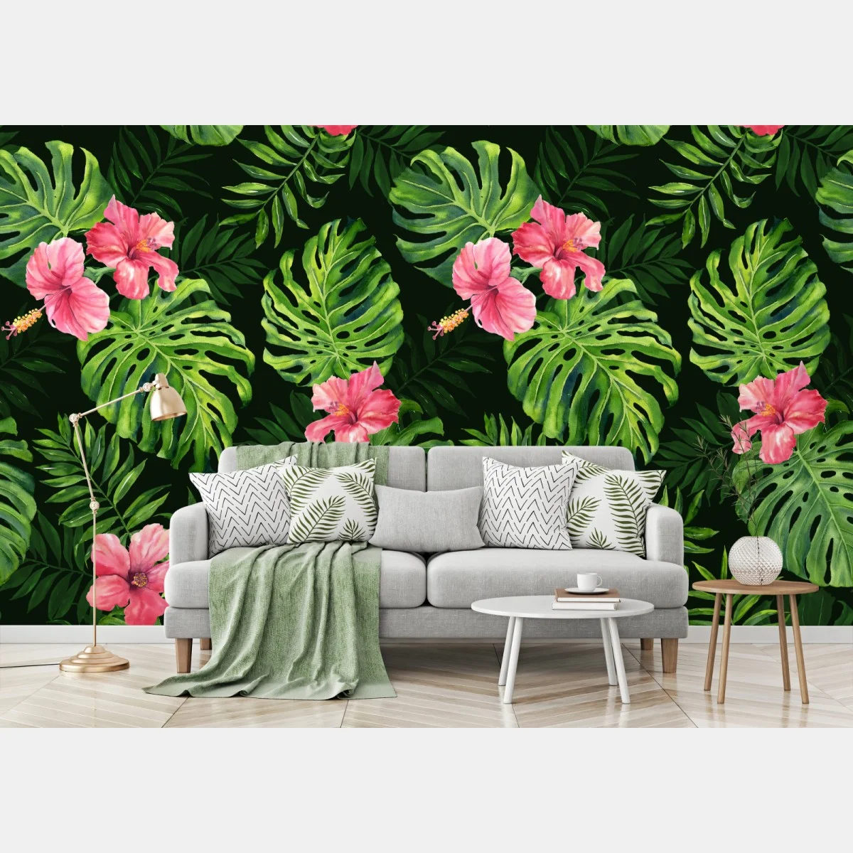 Papier peint motif tropical feuilles de monstera et hibiscus roses – Wallnifity® Papier peint motif tropical feuilles de monstera et hibiscus roses – Wallnifity®
