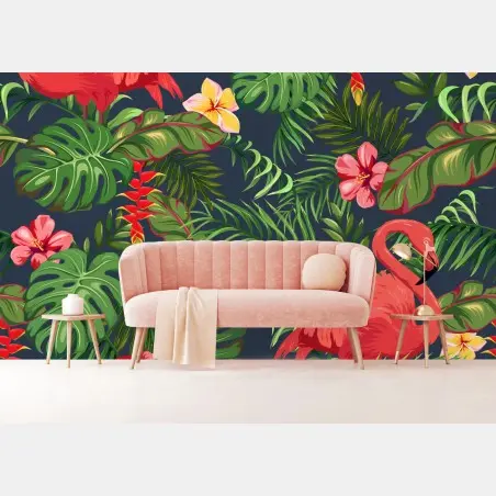 Papier peint paradis tropical aux flamants roses – Wallnifity®