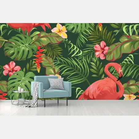 Papier peint motif tropical aux flamants roses et feuillages – Wallnifity®