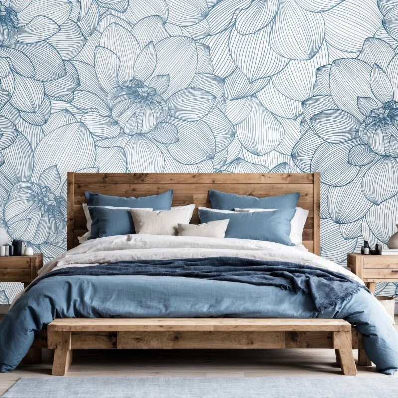 Papier peint motif floral linéaire bleu élégant – Wallnifity® Papier peint motif floral linéaire bleu élégant – Wallnifity®