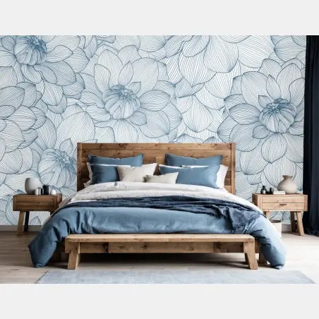 Papier peint motif floral linéaire bleu élégant – Wallnifity®