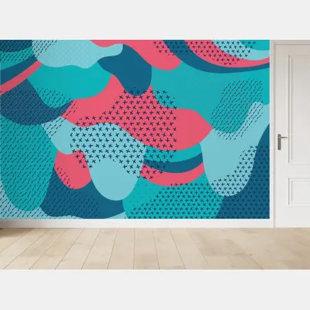 Papier peint motif abstrait turquoise et rose aux formes organiques – Wallnifity®