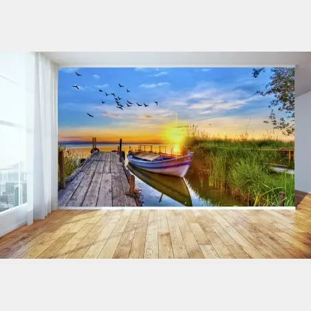 Papier peint bateau au lever du soleil sur le lac – Wallnifity®