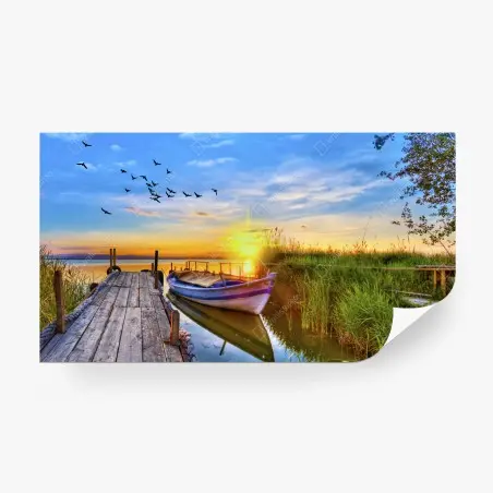 Papier peint bateau au lever du soleil sur le lac – Wallnifity®